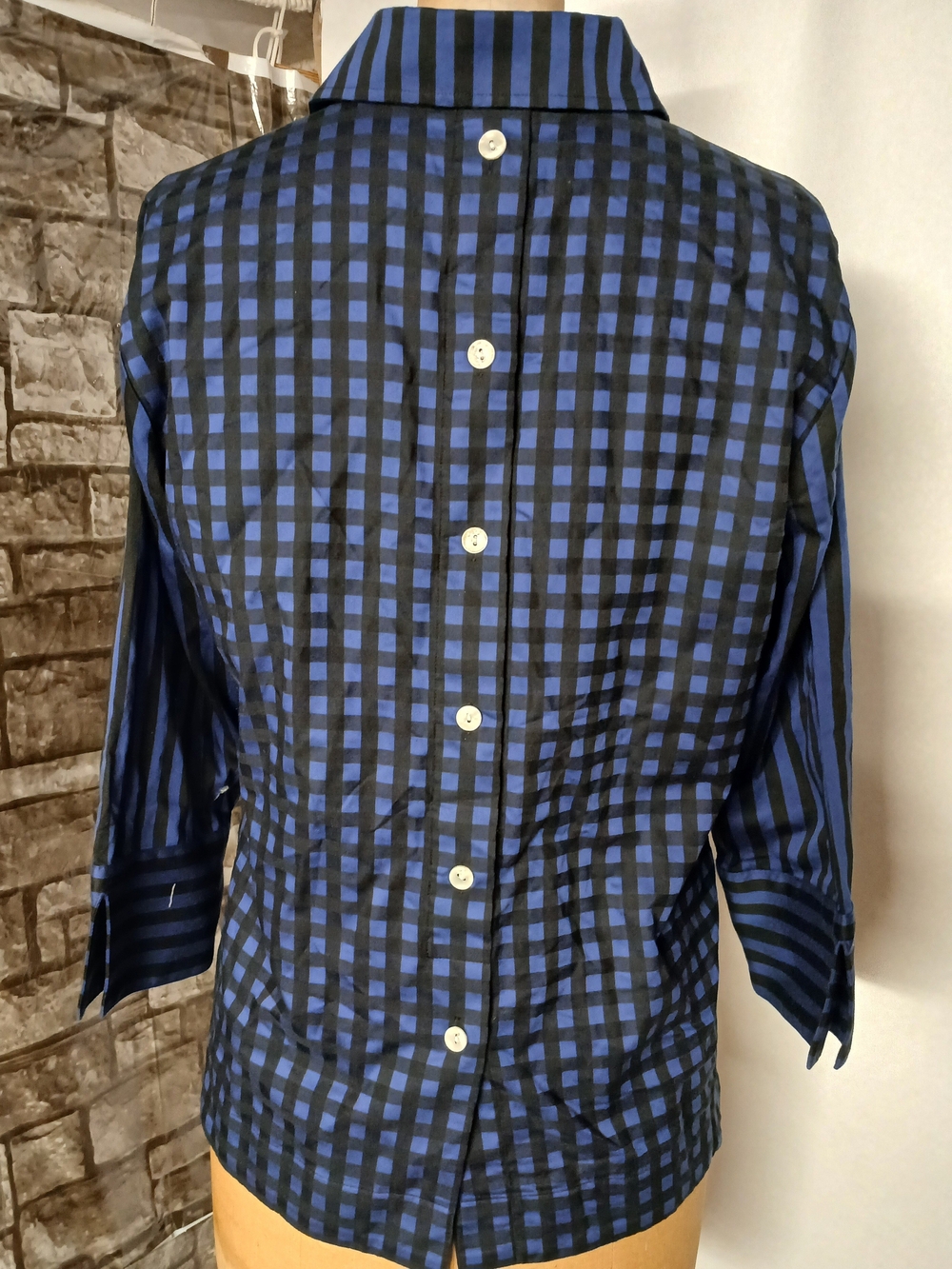 Hinson  Wu Striped Blue and Black Collared Women's Top - Picture 3 of 10